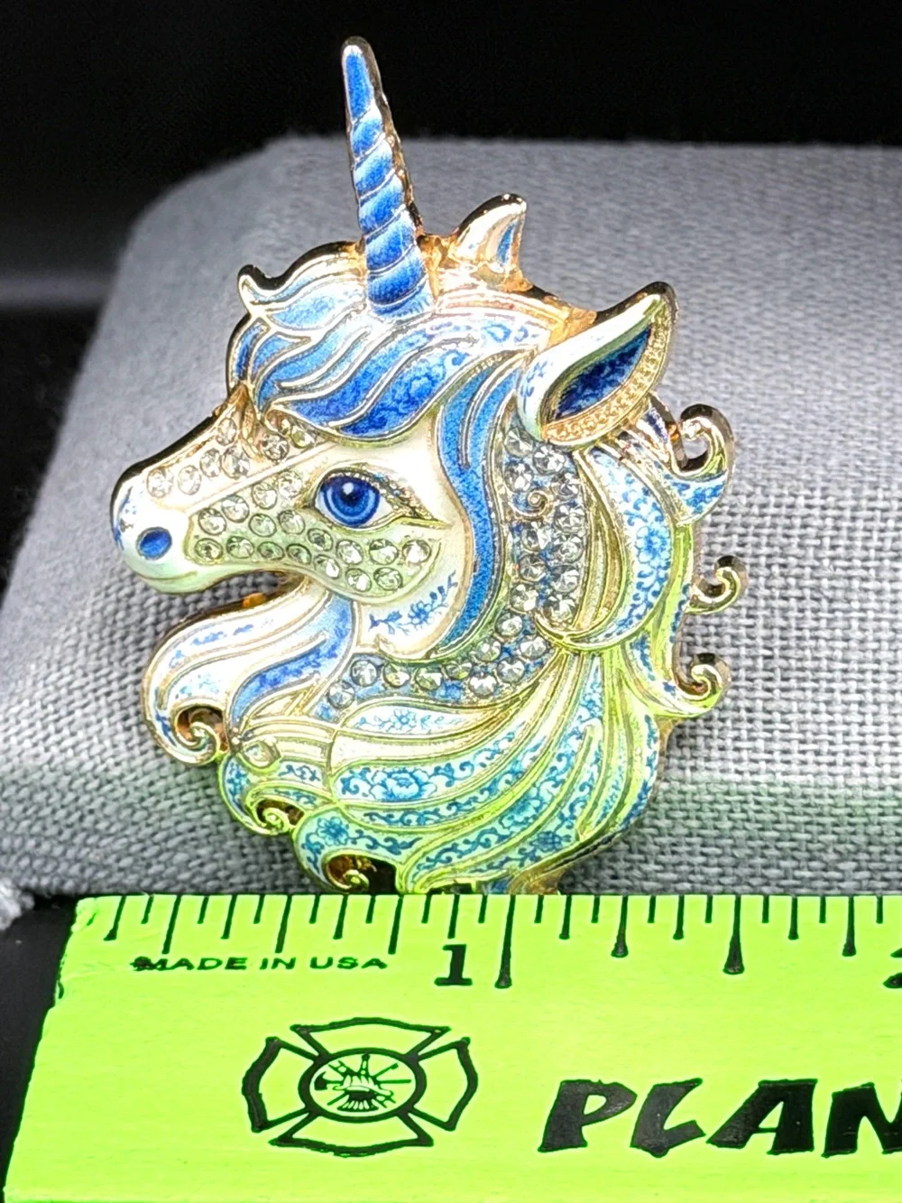 Unicorn Brooch Blue & White w/Rhinestones